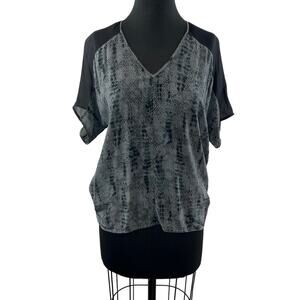 EILEEN FISHER Gray Black Blouse Top Silk Snake Print Deep V-Neck Petite Small PS